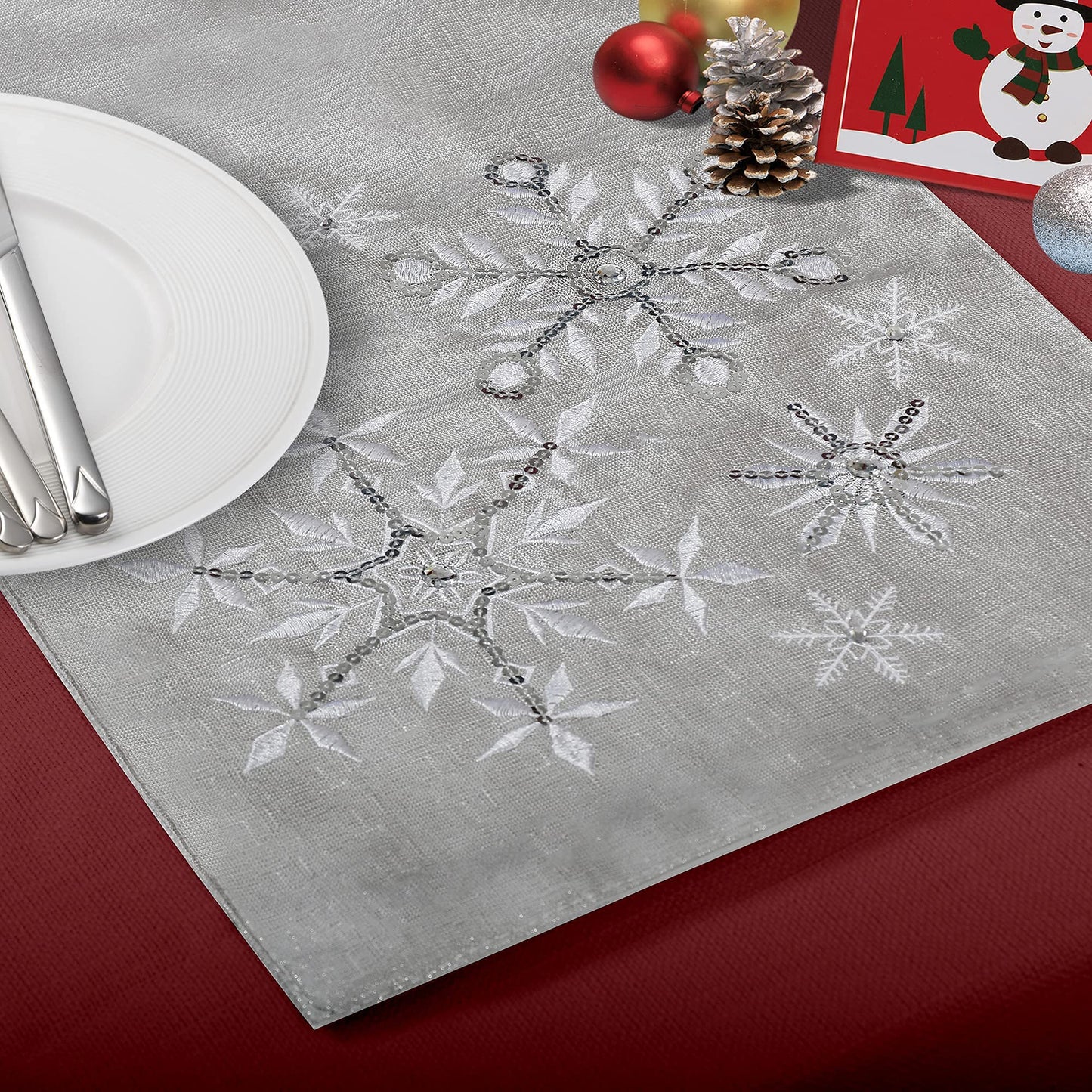 OWENIE Christmas Table Runner, Snowflake Silver Grey Table Runners, Xmas Holiday Tabletop Decor, Embroidery Table Centerpieces with Sequins and Diamonds, Glittering Winter Home Decorations, 14X70 Inch