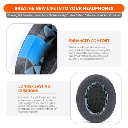 WC Freeze Crusher - Cooling Gel Earpads Compatible with Skullcandy Crusher, by Wicked Cushions - Fits Skullcandy Crusher & Hesh 3 Headphones, Soft Memory Foam, Cooler for Longer | Geo Grey