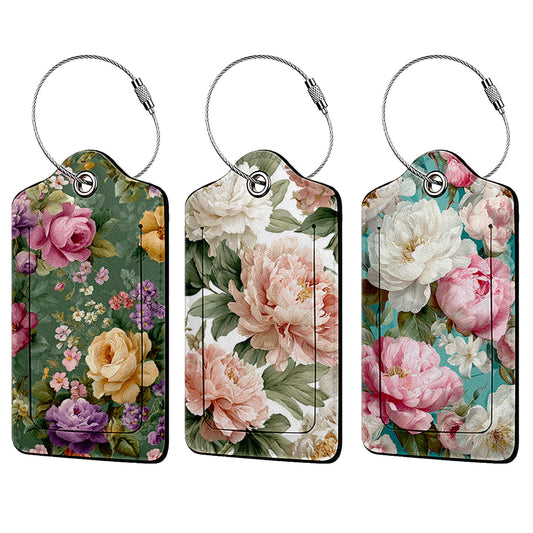 Vintage Beautiful Floral 3 Pack Luggage Tags, PU Leather Luggage Tags for Suitcase,Name ID Labels with Privacy Cover Suitcases and Metal Loop for Travel Bag Suitcase