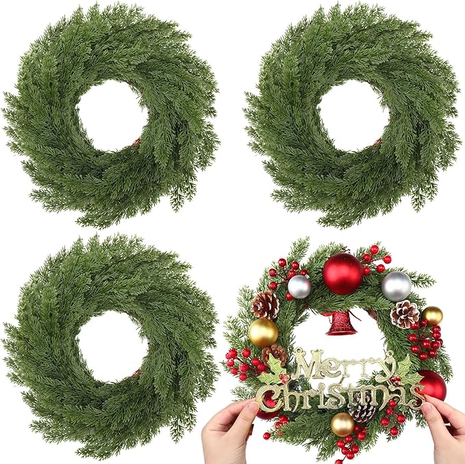 Zeyune Christmas DIY Green Wreath 14 Inch Artificial Christmas Wreaths Faux Plain Wreaths for Decorating Front Door Window Room Farmhouse Xmas Party Indoor Outdoor(Cypress Style,4 Pcs)