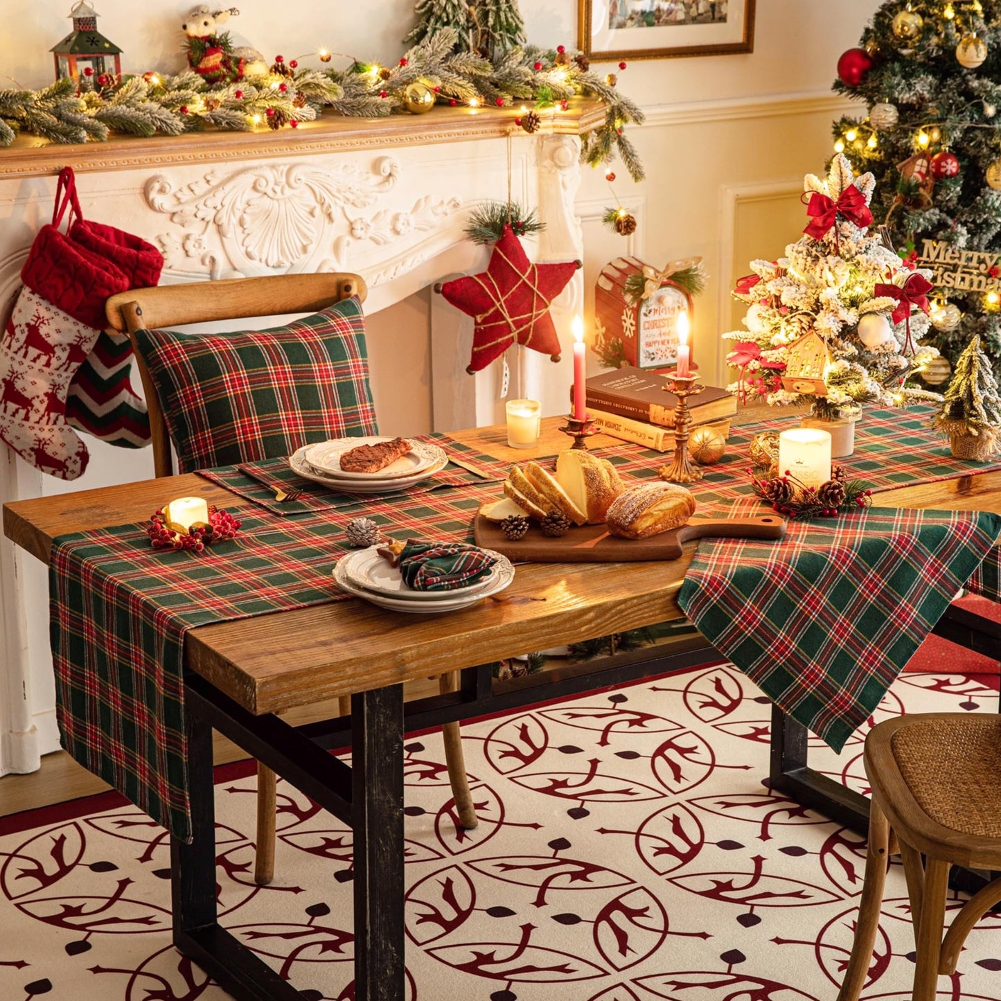 Green Red Plaid Christmas Table Runner, Winter Holiday Table Runners 108 inches Long Xmas Decorations Indoor Outdoor Farmhouse Home Kitchen Dining Party Decor
