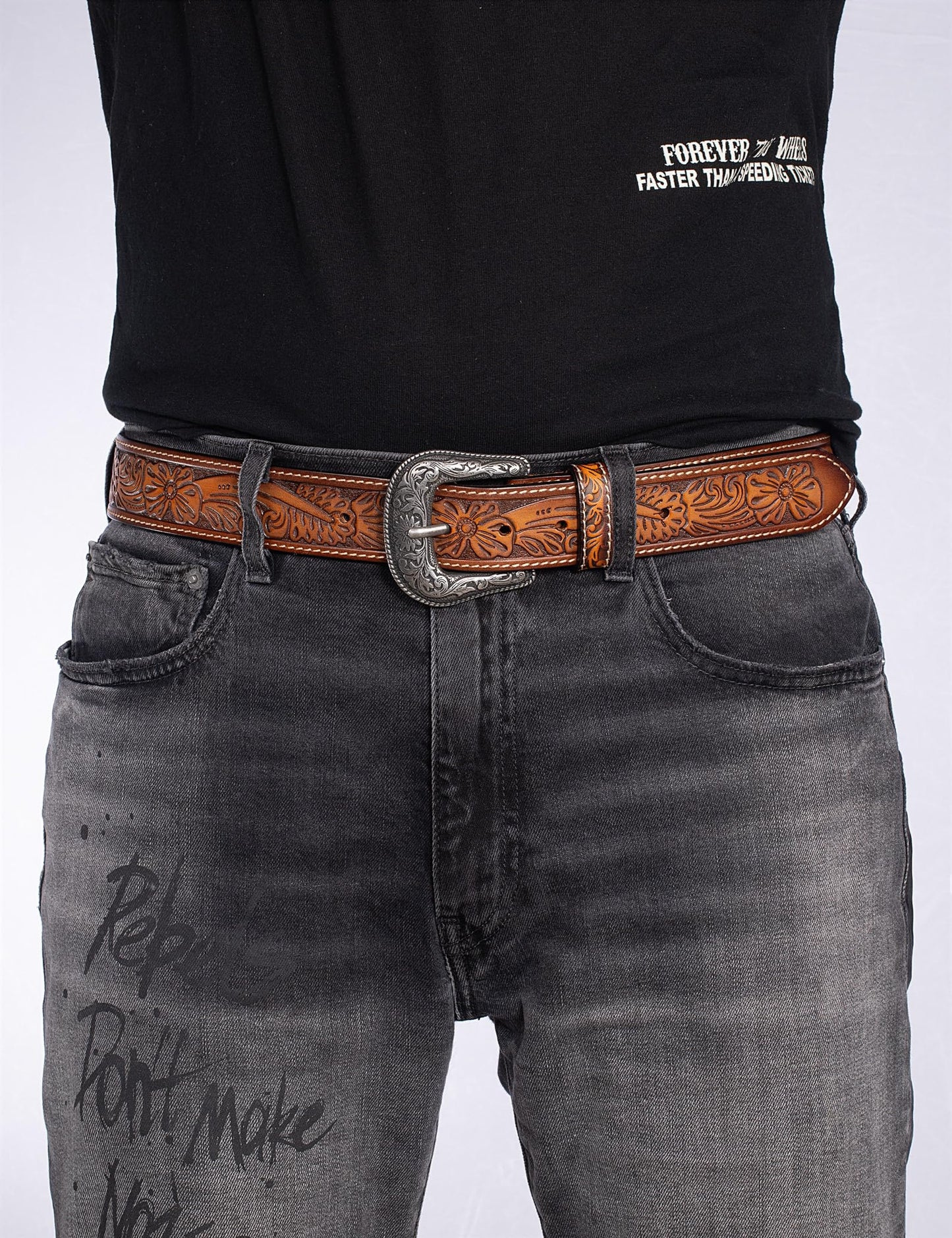 Biybletes Western Cowboy Leather Belt - 1.5" Genuine Leather Country Belt with Durable Buckle (Brown-3, Fit Pants Size 34)