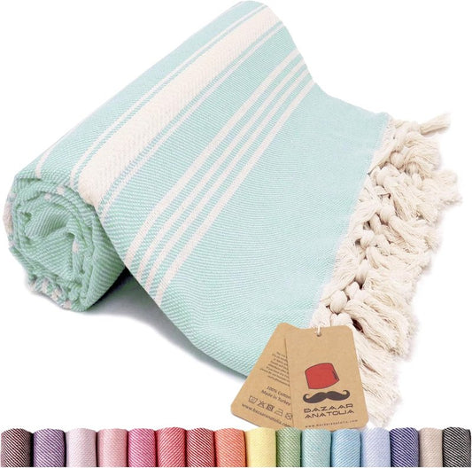 Turkish Beach Towel - 100% Cotton Quick Dry Sand-Free Striped Towel | Oversized 71x39 Inches in Sage Olive Green