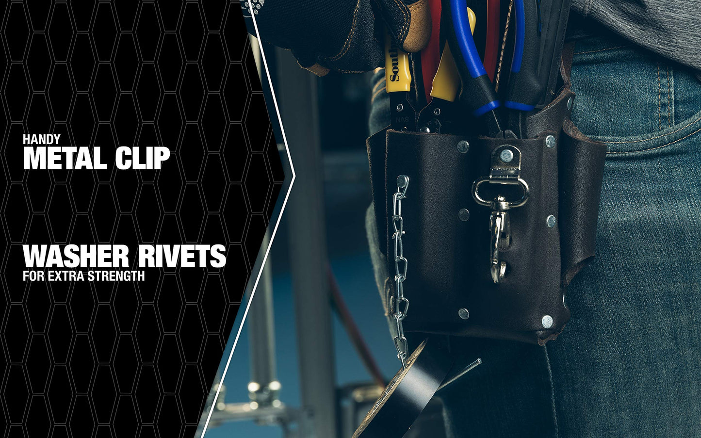 Southwire POUCH4 Leather Tool Pouch; 5 Pocket Pouch with Electrical Tape Chain; Fade Resistant; Durable Compartments; Washer Rivets; Includes Metal Tool Clip; Dark Brown