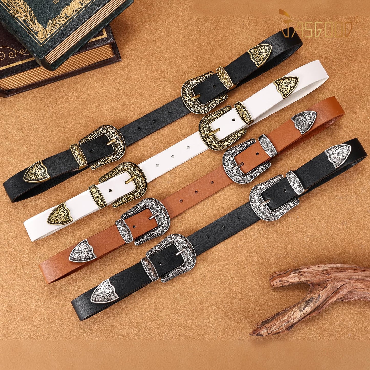 JASGOOD Double Buckle Western Belts for Woman Cowgirl Country Belt Vintage Black Leather Belt for Jeans Pants Dresses, Black