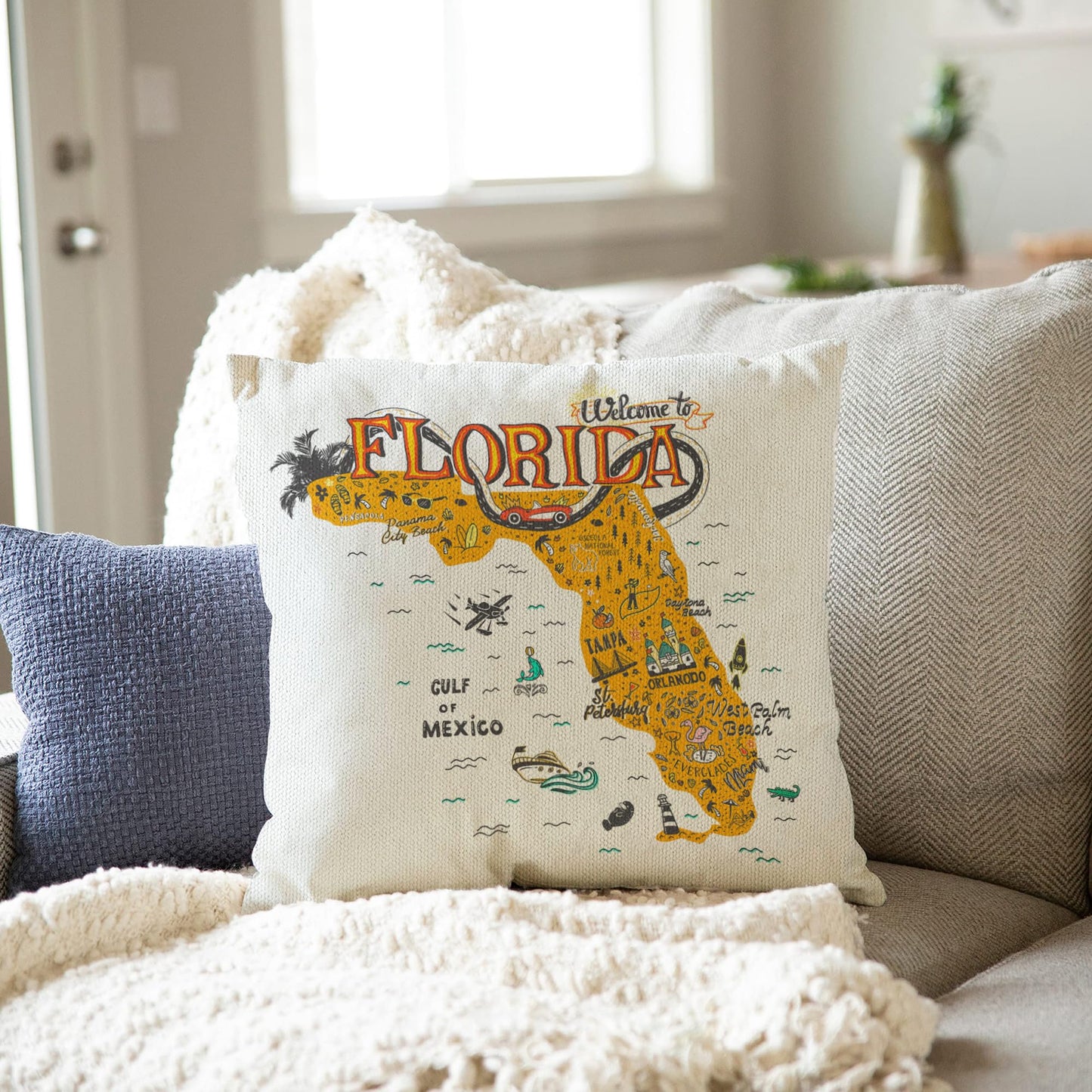 Jiaopenyou Throw Pillow Cover 20x20 Inch,Florida Orlando State Throw Pillow Case,Home Decor Cushion Covers for Sofa Living Room Couch Bed