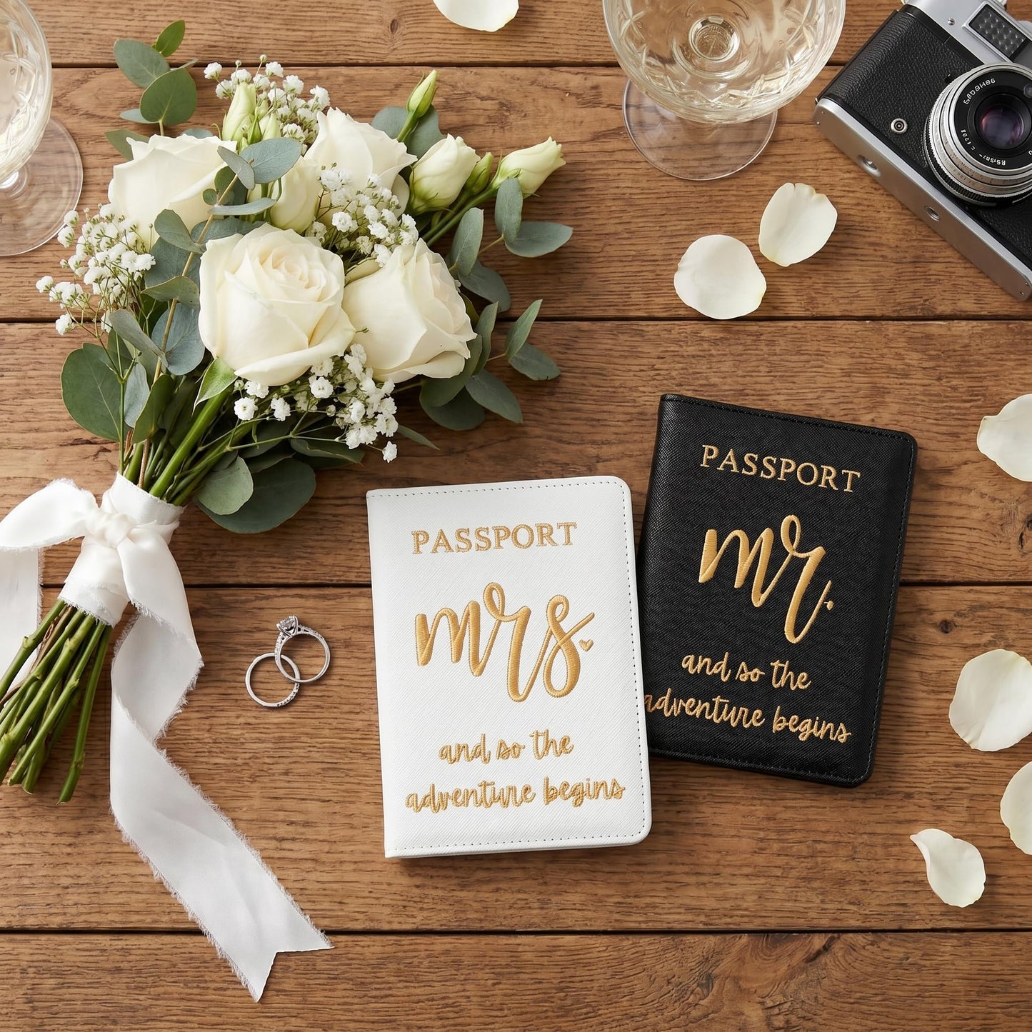 Passport Holder Set for Couples, Mr and Mrs Embroidered Passport Covers, PU Leather Travel Accessory, Wedding and Honeymoon Gift (Embroidered Black White Gold)