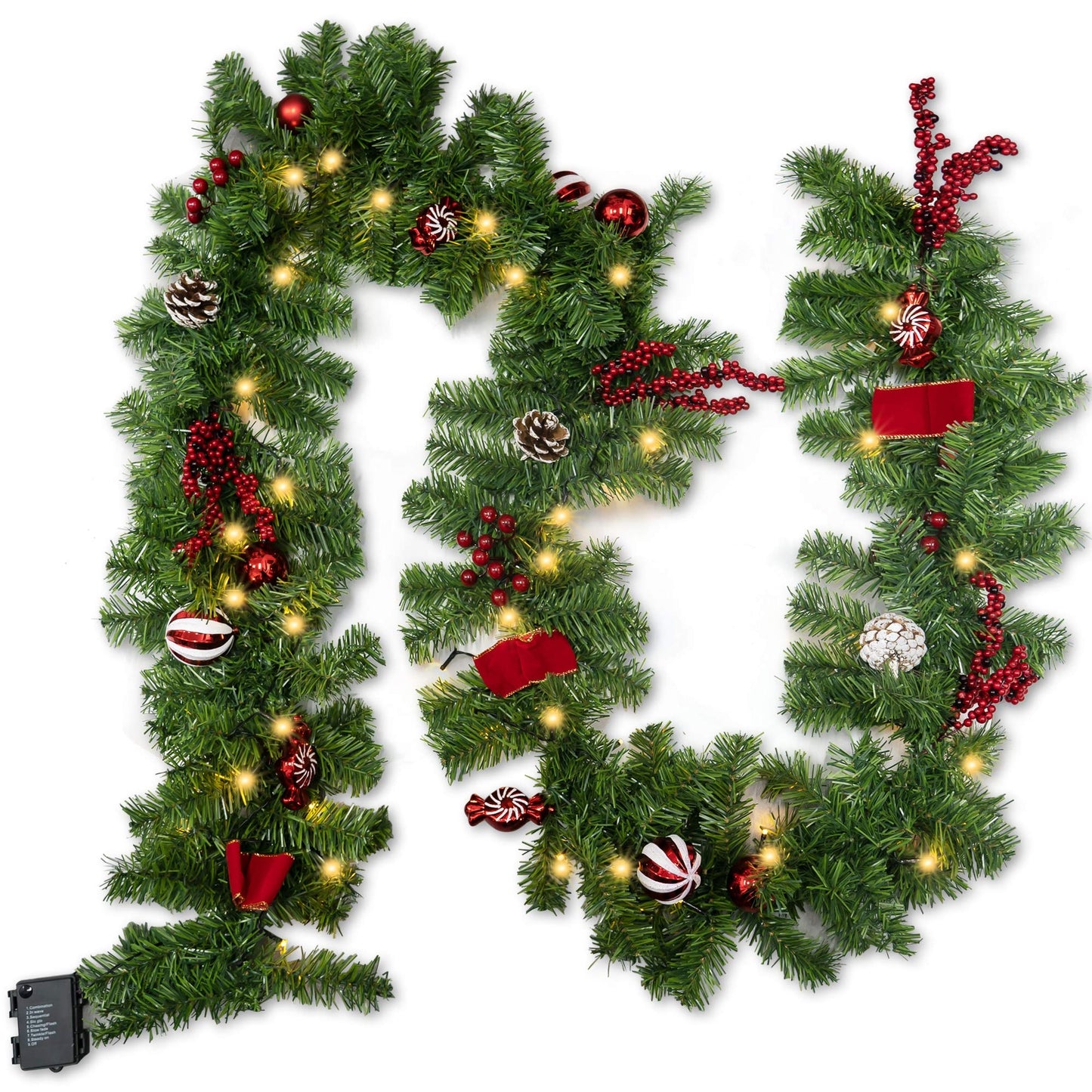FUNPENY 9 FT Artificial Christmas Garland, Pre-Lit 50 LED Battery Operated Lighted Xmas Garland with 8 Modes for Indoor Holiday Door Home Decorations (Red)