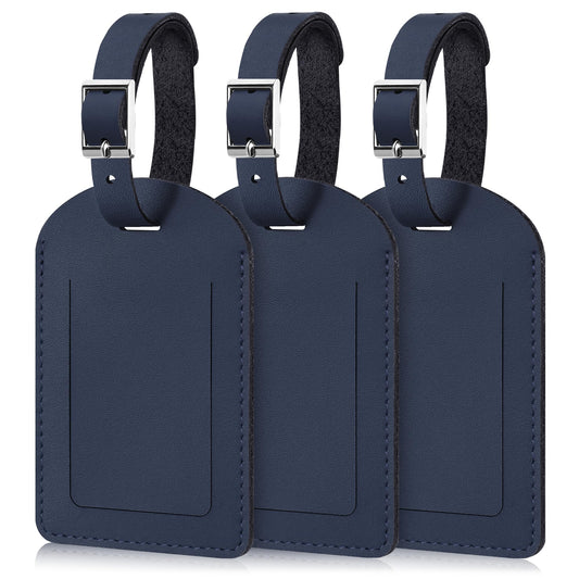 Mayski Genuine Leather Luggage Tags for suitcases, 3 Pack Durable Travel Bag Tags with Privacy Flap, Travel Essentials TSA Approved, Blue