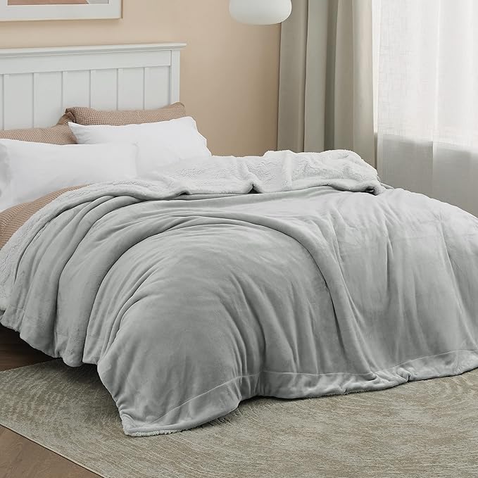 Bedsure GentleSoft Sherpa Fleece Blankets Queen Size for Bed - Thick and Warm, Soft Fuzzy Plush Queen Blanket for Winter, Light Grey, 90x90 Inches