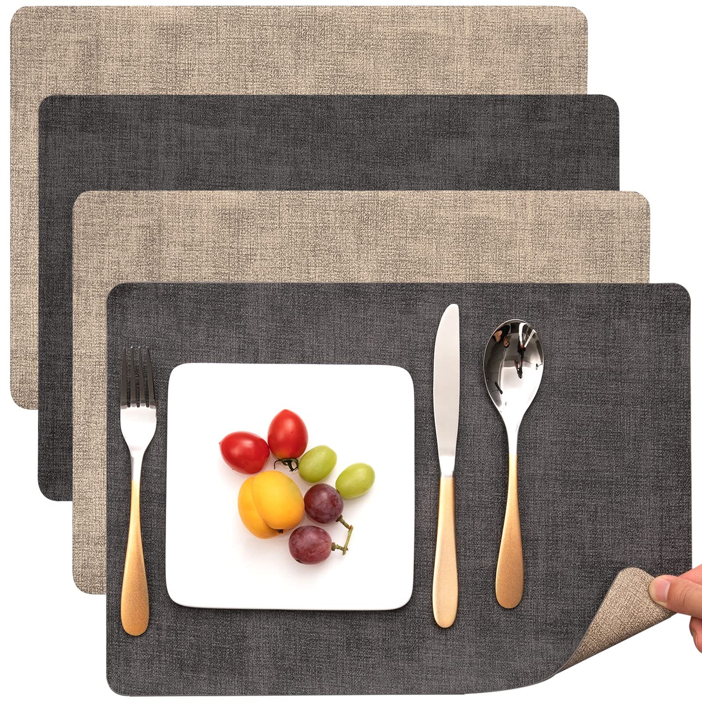 Myir JUN Placemats Dual Sided, Faux Leather Place Mats Set of 4 Indoor Placemat for Dining Table Outdoor Place Mat Manteles Individuales Square Non-Slip Washable Table Mats (Gray Beige, Set of 4)
