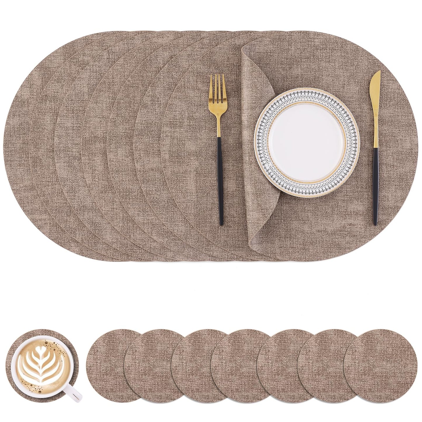 Homaxy Round Faux Leather Placemats and Coasters, Washable Dual-Side Table Mats, Wipeable Heat-Resistant Dining Place Mats for Outdoor and Indoor, Set of 8, Diameter 13 and 3.93 inch, Light Brown