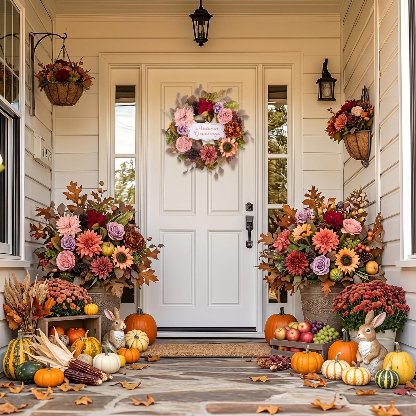 Valery Madelyn 24'' Collapsible Pre-Lit Flowers Fall Wreath for Front Door