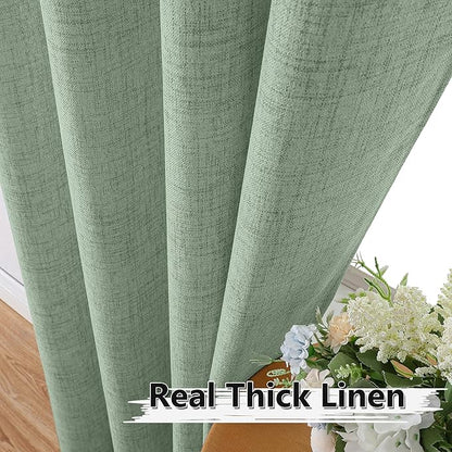 Tollpiz Short Linen Curtain Bedroom Rod Pocket Semi Sheer Curtains Burlap Light Filtering Thick Linen Drape for Living Room, 38 x 54 inches Long, Sage Green, Set of 2 Panels