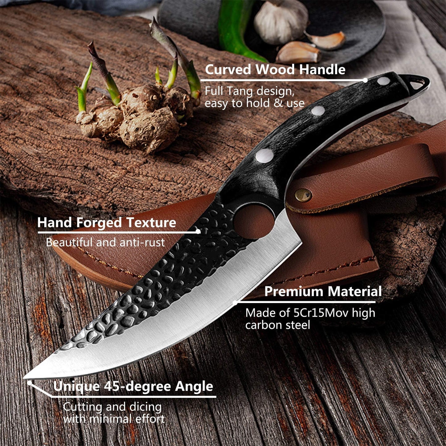 Huusk Viking Knives, Butcher Knife Black Forged Boning Knife with Sheath Japanese Fillet Meat Cleaver Knives Full Tang for Kitchen, Camping, BBQ Thanksgiving Gifts