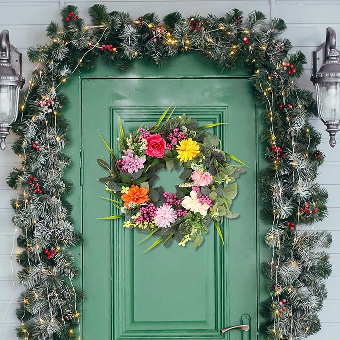 Wreaths for Front Door, 24 Inch Spring Fall Wreath with Vibrant Flowers and Greenery, Artificial Autumn Wreath for All Seasons Farmhouse Outdoor Indoors Holiday