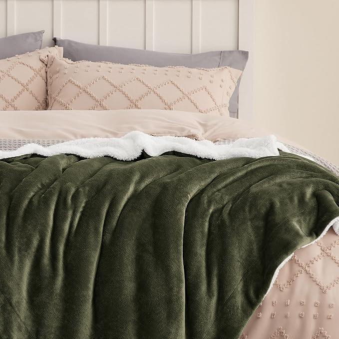 Bedsure GentleSoft Sherpa Fleece Blankets King Size for Bed - Thick and Warm Throw for Men, Soft Fuzzy Plush King Blanket for Winter, Olive Green, 108x90 Inches