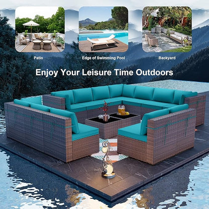 ALAULM 14 Pieces Outdoor Patio Furniture Set Sectional Sofa Sets Brown PE Rattan Patio Conversation Set w/12 Blue Seat Cushions and 2 Coffee Tables
