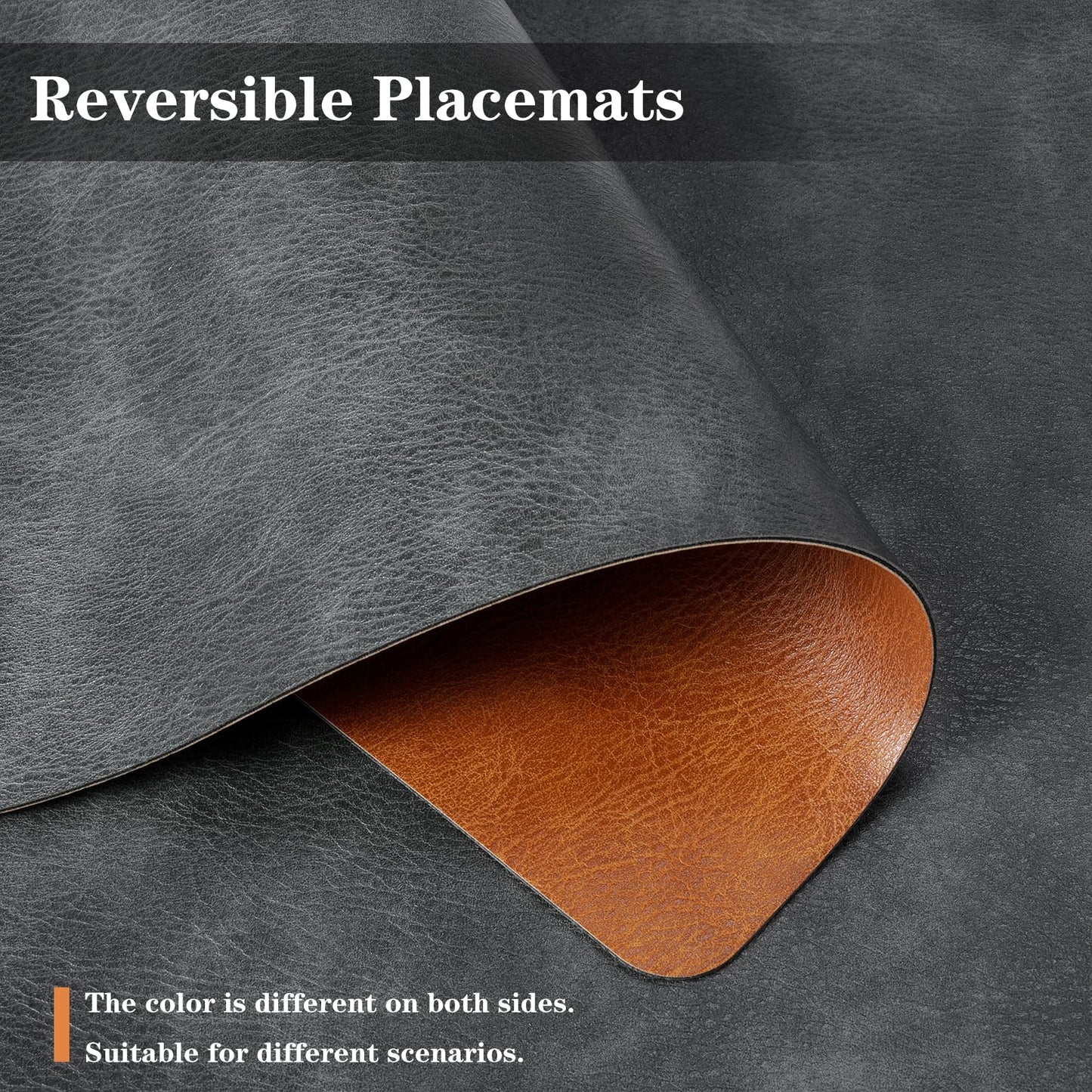 Pixieora Faux Leather Placemats and Coasters Set of 6, Washable Reversible Placemats Cowhide Pattern Place Mats Waterproof Non-Slip Kitchen Dining Table Mats Drink Coasters (Gray Brown, 6)