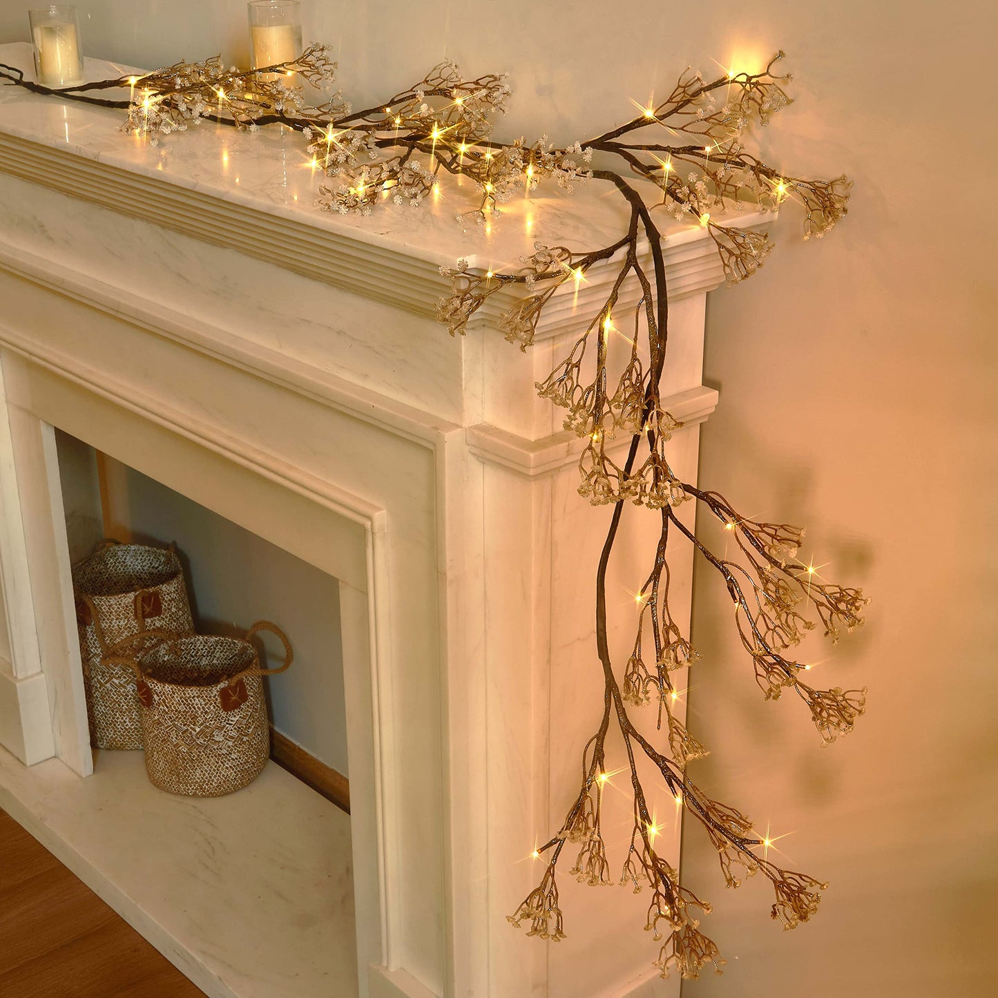 Hairui Lighted Baby Breath Flower Garland Battery Operated with Timer 48L Warm White LED 6FT, Artificial Gypsophila Vine Lights for Thanksgiving Christmas Decor Indoor Outdoor Use