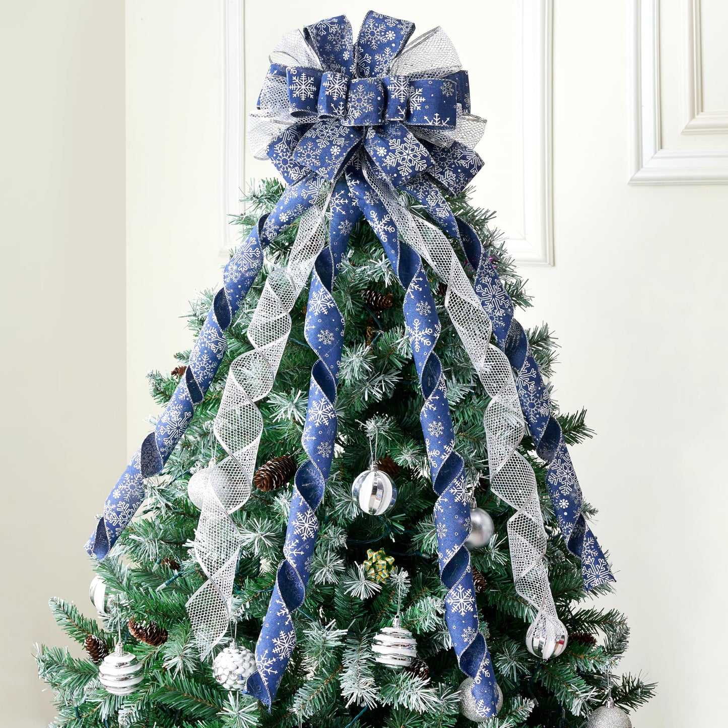 JOIEDOMI 45 Inch Christmas Tree Topper Wreath Bow, Blue and Silver Ribbon Ornaments with Snowflakes and Glitter, Large Gift Decor for Xmas Holiday Themed Decoration Home Parties Wedding