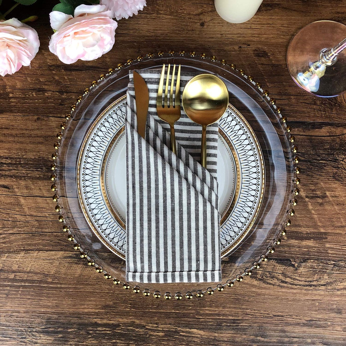 INFEI Plain Striped Cotton Linen Blended Dinner Cloth Napkins - Set of 12 (40 x 30 cm) - for Events & Home Use (Brown)