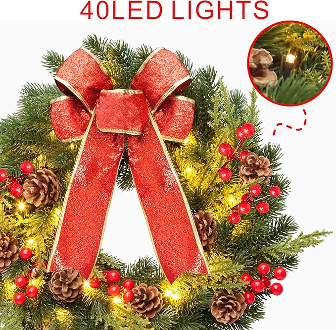 Christmas Wreath 16 Inches, with Metal Hanger, Pre-Lit Artificial Christmas Front Door Wreath Battery Operated with 40 LED Lights Christmas Decorations