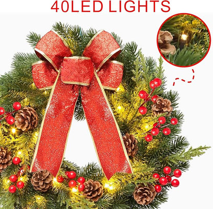 Christmas Wreath 16 Inches, with Metal Hanger, Pre-Lit Artificial Christmas Front Door Wreath Battery Operated with 40 LED Lights Christmas Decorations