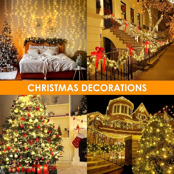 2 Pack 33Ft 200 LED String Light Battery Powered, Outdoor Waterproof Warm White String Lights with Remote, Dimmable Twinkle Lights for Bedroom Wedding Party Classroom Tree Christmas Decoration