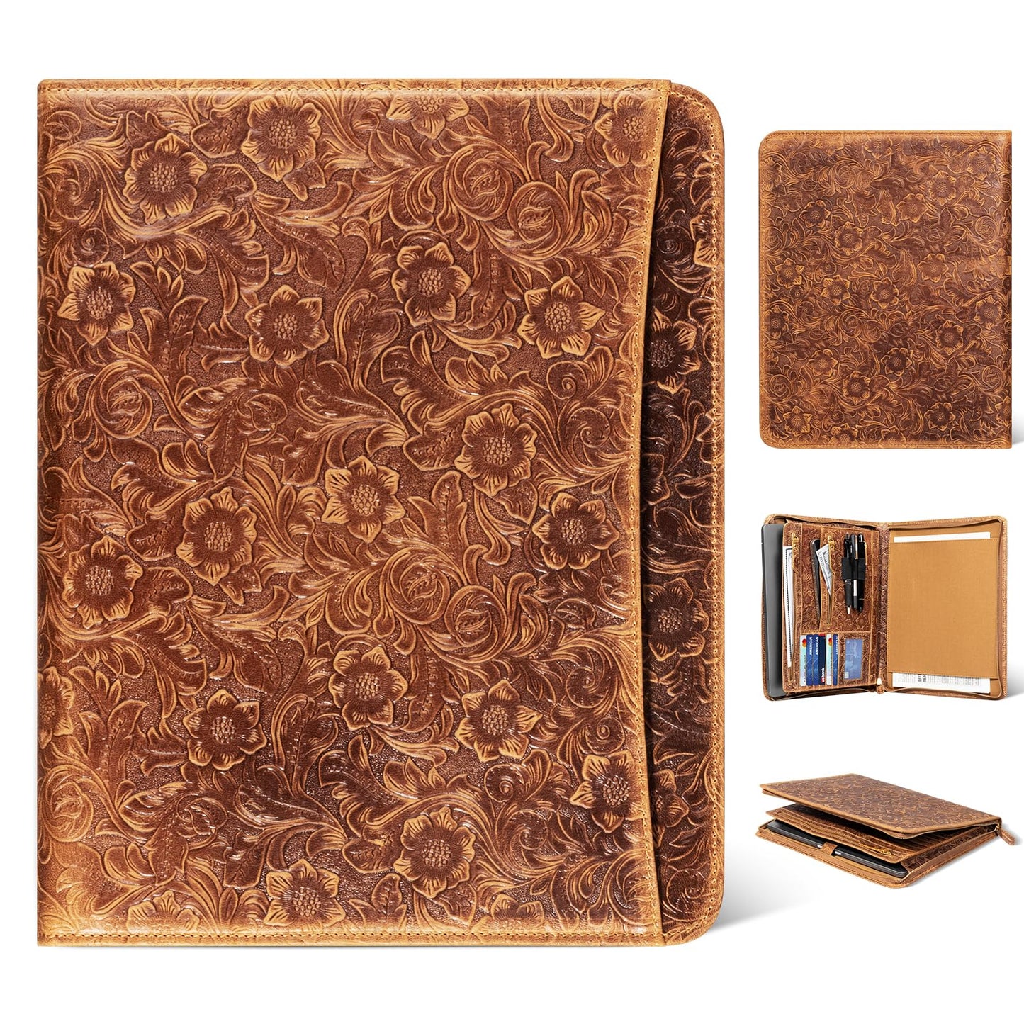 Gexmil Leather Portfolio Organizer for Women Men, Business Padfolio Folder with Zipper, Full Grain Leather,Interview Legal Document File Resume Organizer, A4 Writing Notepad Padfolio, Floral Brown