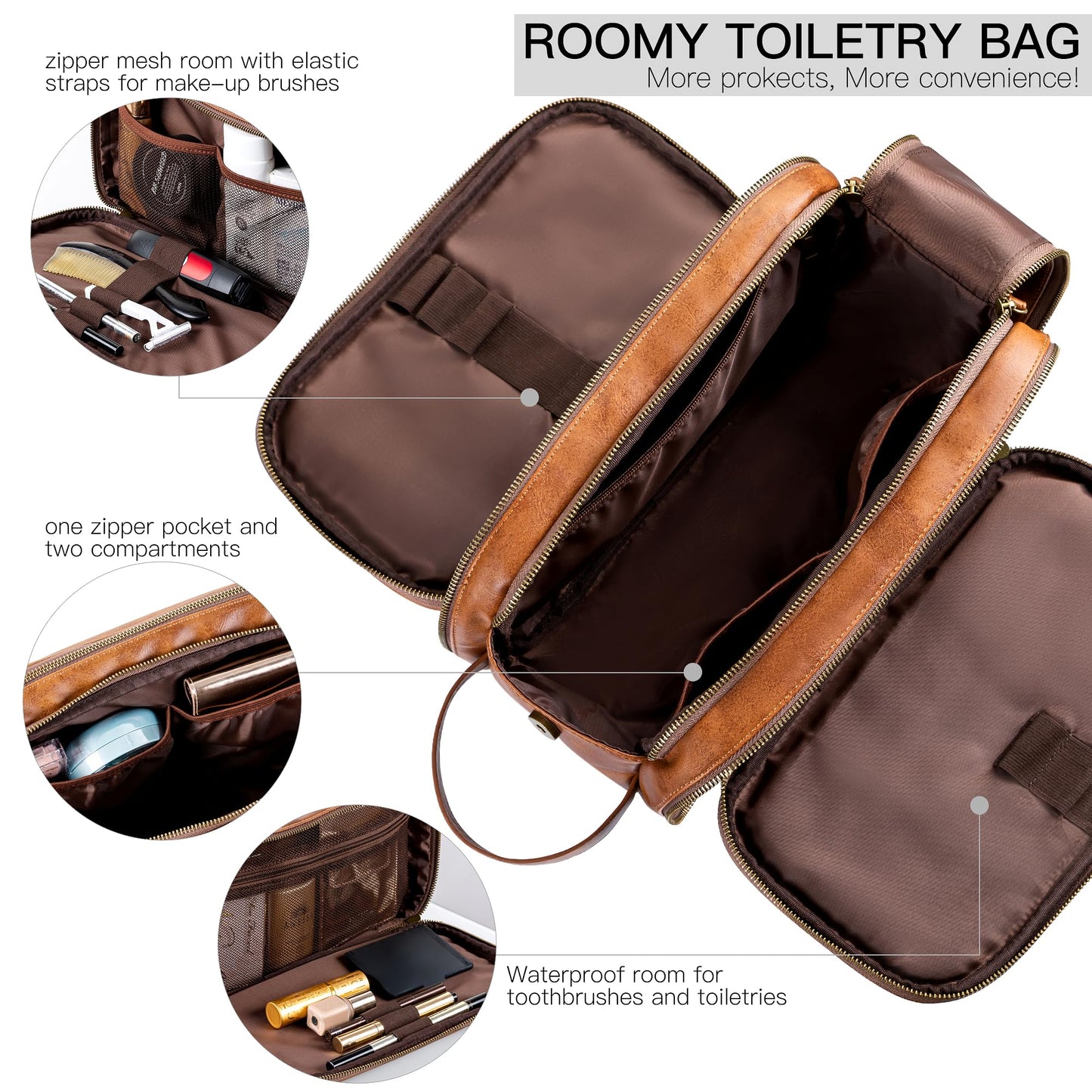 Elviros Toiletry Bag for Men, Large Travel Shaving Dopp Kit Water-resistant Bathroom Toiletries Organizer PU Leather Cosmetic Bags Fathers Day Gift (Medium, Brown)
