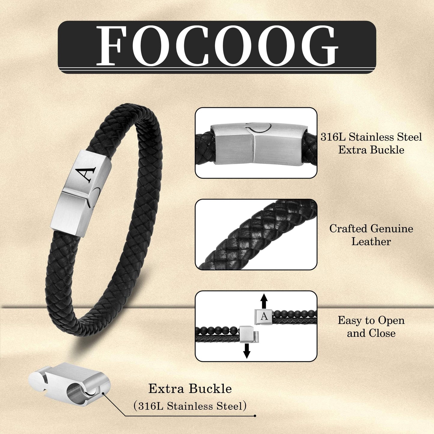 FOCOOG Leather Bracelet for Men - Black Leather Initial Bracelet with Magnetic Clasp