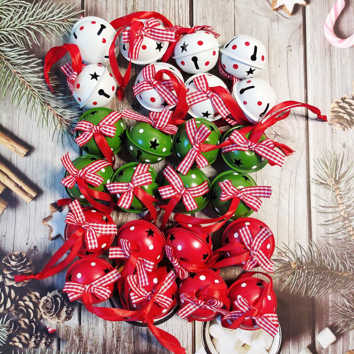 Christmas Jingle Bells 2" Star Cutouts Metal Decorative Bells with Ribbons for Xmas Tree Ornaments Wreath Festival Crafts Home Decorations (12 Pcs)