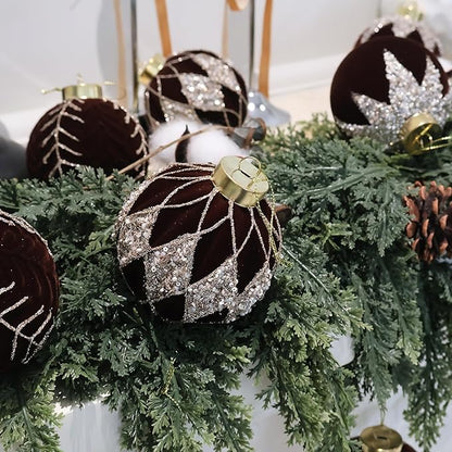 3.15INCH Brown Velvet Ornaments for Christmas Tree, 12PCS Glitter Flocked Christmas Ornaments Decorations Balls Set Decor