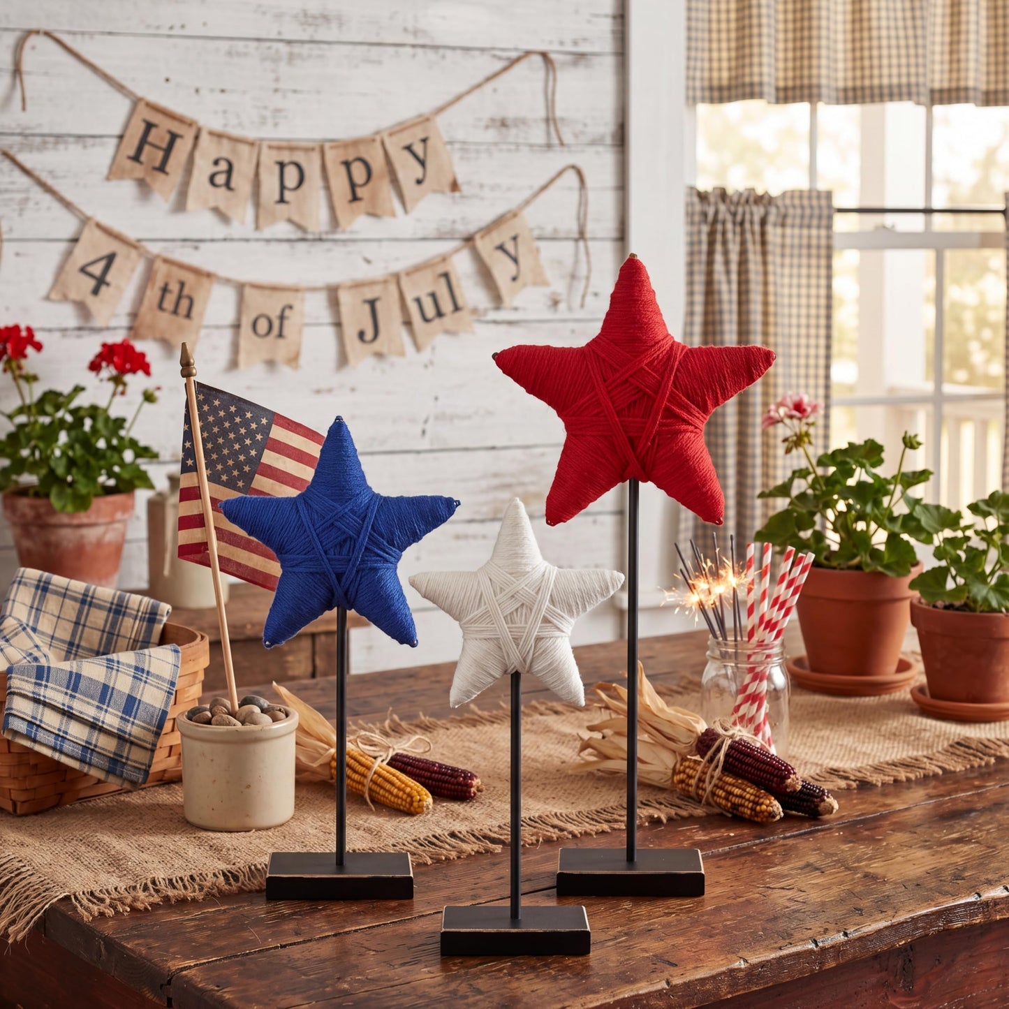 Yousoontic 3 Pcs 4th of July Rustic Patriotic Yarn Wrapped Star 250th Anniversary Tiered Tray Decor Star USA Red White Blue Farmhouse Table Centerpiece Handmade Americana Home Decoration
