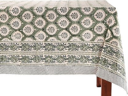 ATOSII Kari Green 100% Cotton Rectangle Boho Summer Tablecloth, Block Print Floral Table Cloth Linen for Dining, Parties, Wedding, Outdoors Home Decor 72 X 108 Inches I 8 Seater I