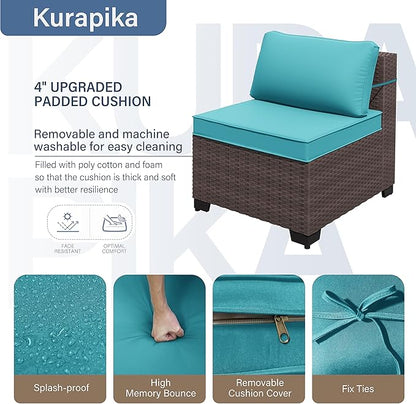 Kurapika 7 Pieces Patio Furniture Set, Rattan Wicker Outdoor Conversation Sets w/4 Inch Cushion and Glass Coffee Table(Blue)
