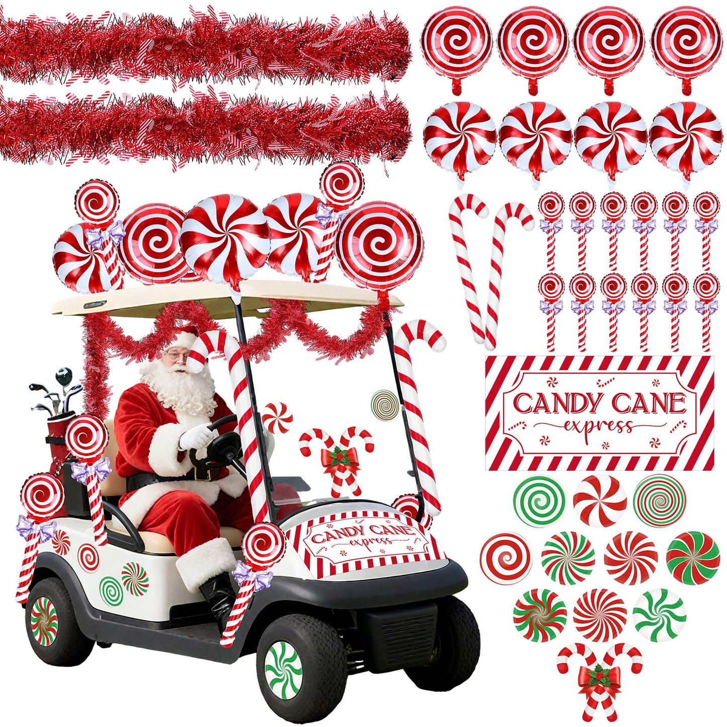 Leyndo 46 Pcs Christmas Golf Cart Decorations Kit Christmas Candy Cane Parade Decor Red Green and White Car Decoration with Banner Candy Cane Hanging Garland Stickers Balloon for Xmas Party