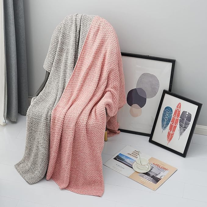 Longhui bedding Dusty Pink Knitted Throw Blanket for Couch, Soft, Cozy Machine Washable 100% Cotton Sofa Knit Blankets, Heavy 2.8lb Weight, 51 x 63 Inches, Pink and White Color, Laundry Bag Included