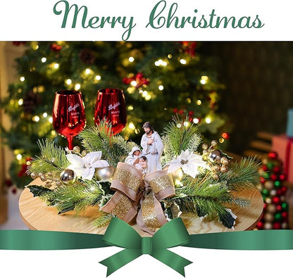 MOONET Christmas Table Centerpiece with LED Lights, White Plastic Pine Needle Ornament, Red Berry, Christmas Balls for Holiday Party, Home, Fireplace
