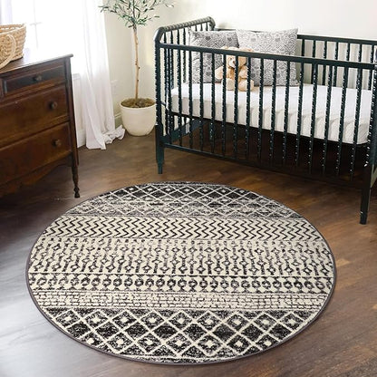 Moroccan Round Rug 3ft, Black Distressed Entryway Rug Non-Slip Circle Rug, Washable Non-Shedding Throw Rugs Indoor Door Mat for Bedroom Bathroom Kitchen Laundry Room Nursery
