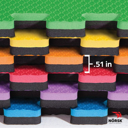 Norsk Dual-Sided Reversible 1/2" Foam Exercise Mats for Home Gym - Interlocking EVA Foam Tiles, 6 Tiles - 24 Sq. Ft. Rainbow Pack/Black