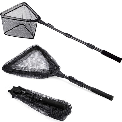 PLUSINNO Fishing Net Fish Floating Landing Net, Kayak Nets with Fixed Foldable Telescopic Pole Handle,Bass Trout Fishing Nets with Nylon Mesh for Pond Lake River,Fishing Gear Gifts for Men,Black 1.5M