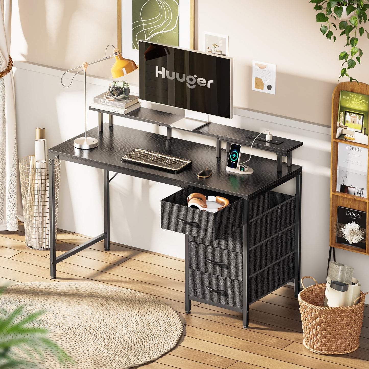 Huuger 47 Inch Computer Desk with Power Outlets and LED Lights, Gaming Desk with 4 Drawers, Office Desk with Monitor Stand, Study Work Home Office, Small Spaces, Black