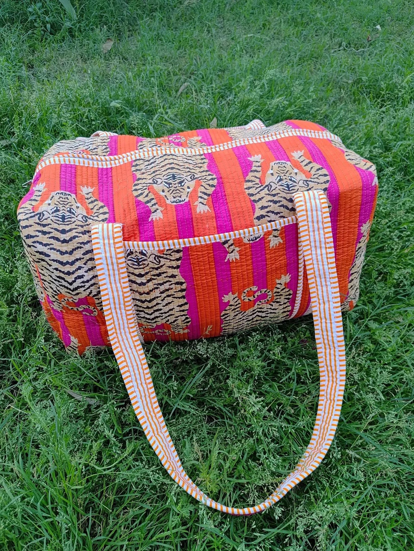 INDACORIFY Indian Cotton Tiger Print Quilted Duffle Bag Large Size Beautiful Print Weekender Bags Handmade Shoulder Travel Overnight Bag