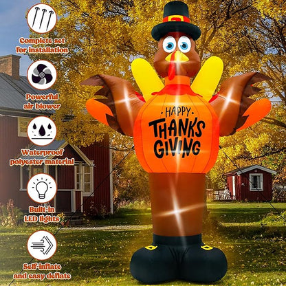 14FT Thanksgiving Turkey Inflatables, Extra Large Blow Up Thanksgiving Turkey Wearing Pumpkins, Pre-lit Happy Thanks Giving Outdoor Inflatable Decorations