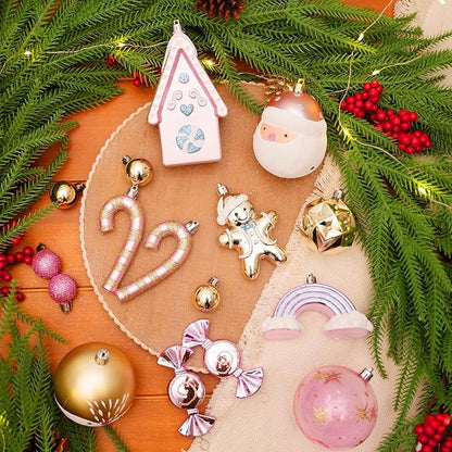 Alupssuc 65pcs Christmas Balls Ornaments Set, Shatterproof Plastic Baubles Gold Gingerbread House, and Tree Topper for Xmas Tree Holiday Wedding Party Decorations with Hanging Strings, Macaron Pink