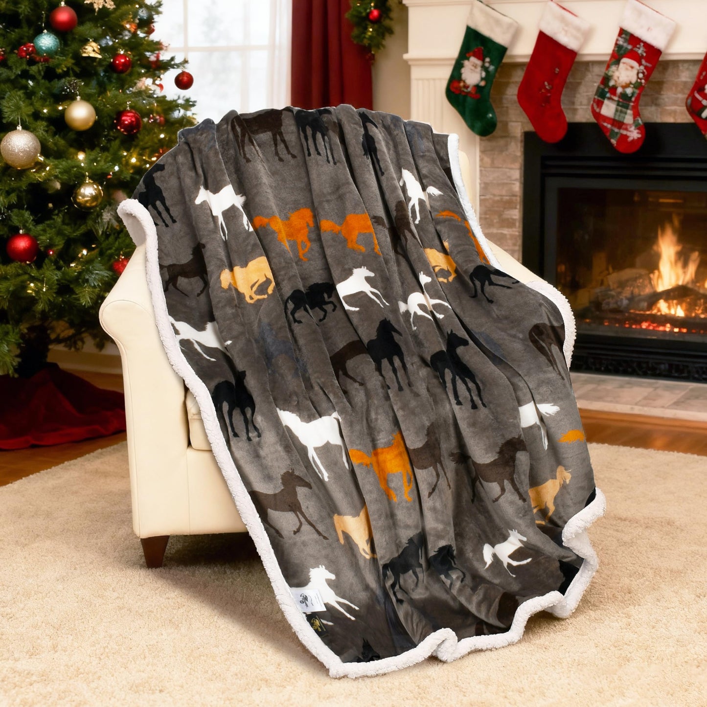 Catalonia Horse Print Sherpa Fleece Throw Blanket, Soft Mink Plush Couch Blanket, Fuzzy Fluffy Comfy Warm Throws, Gift for Her, Horse Gifts for Women, 50x60 inches