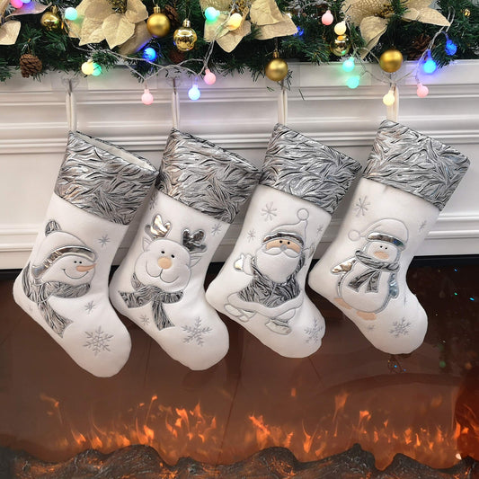 BSTAOFY Christmas Stockings Set of 4 Soft Non-Woven Patterned Santa Claus Animals Socks for Assorted Xmas Tree Hanging Decor Party Ornaments Gifts Kids, Silver