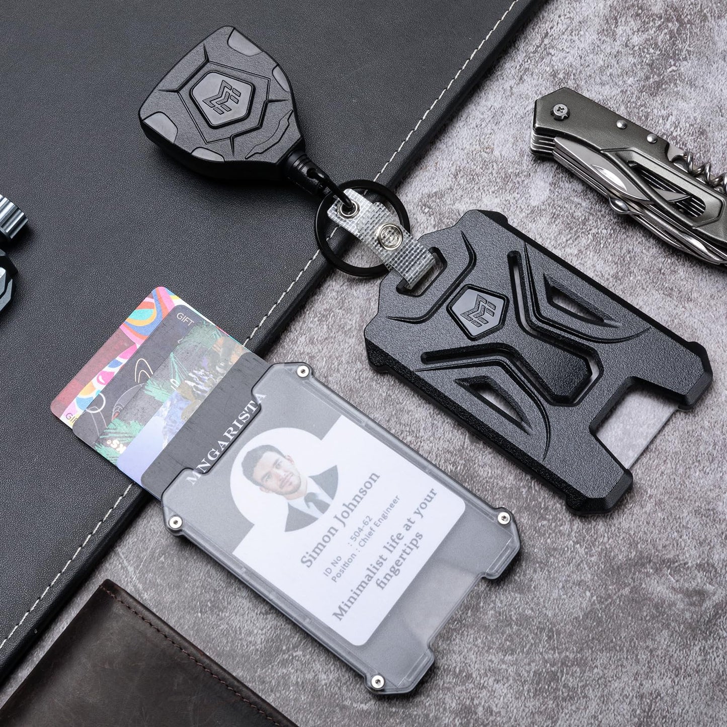 MNGARISTA 1 Pack Heavy Duty Badge Holder, Vertical ID Card Holder for Credit Cards, Clear ID Window, All PC Polycarbonate Plastic Housing, 5 Cards Capacity, Built-in Elastic Clip, Black
